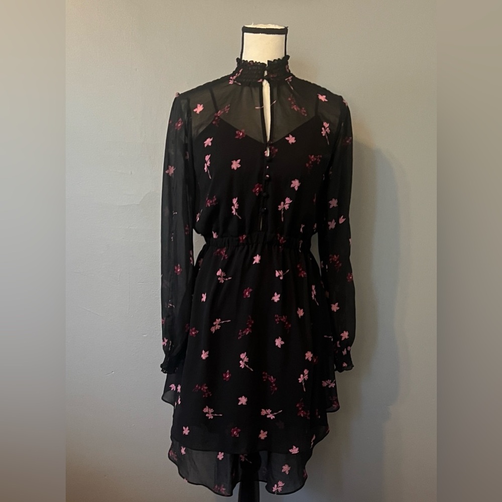 RACHEL Rachel Roy Sheer Black Dress with Pink Floral Design